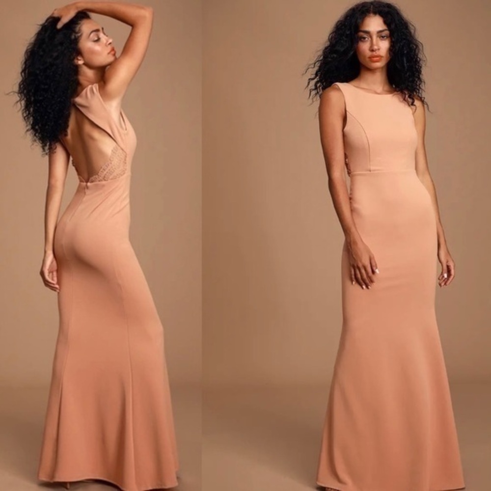Nude Pink blush Lace Backless Maxi Dress